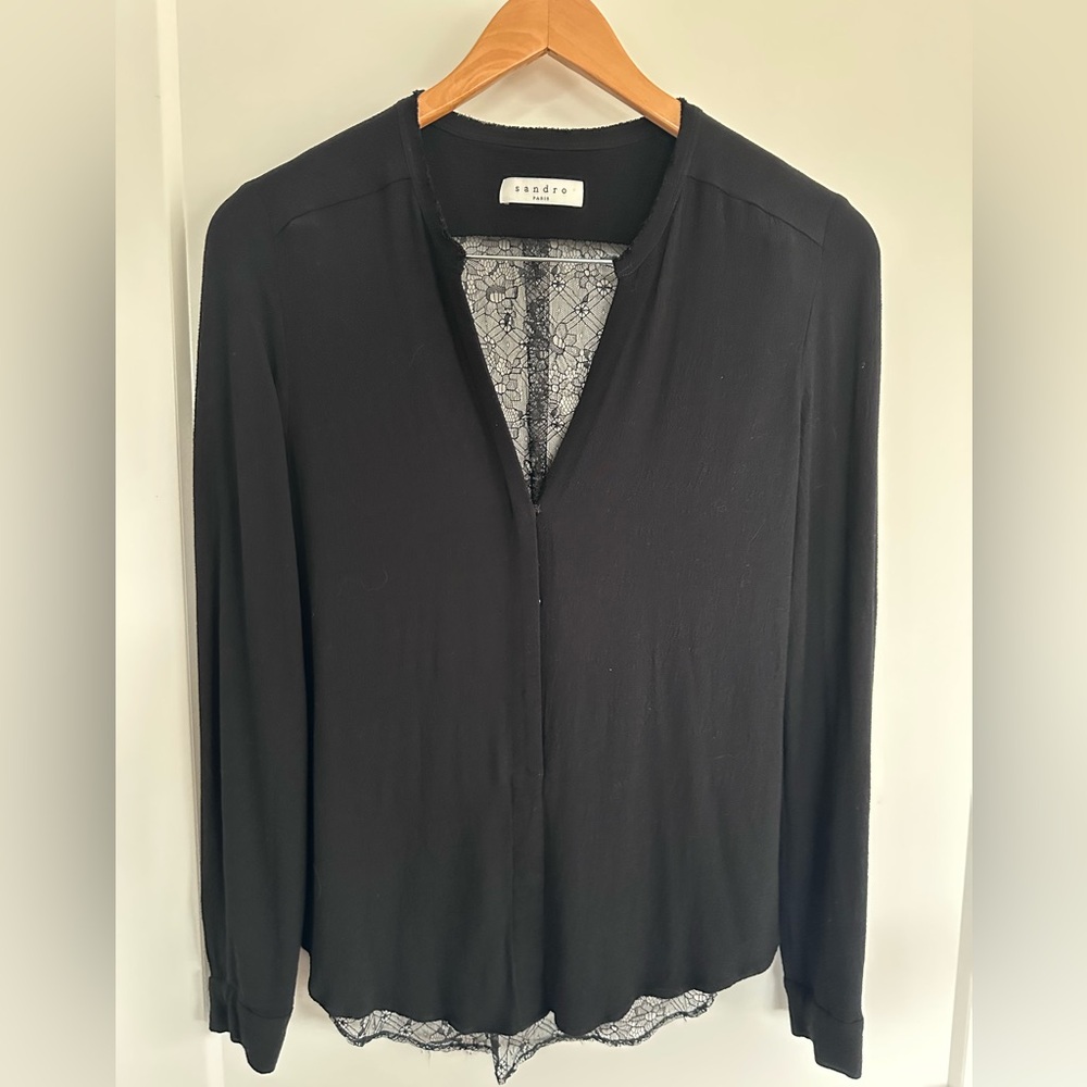 Sandro Elegant Black Top with French Lace Accent Back, Sz 3